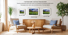 a living room with three framed landscape photographs hanging on the wall. The photographs are of different sizes, with the largest one being 8x12 inches and the smallest one being 16x24 inches. The room is furnished with two armchairs and a coffee table, and there are potted plants and a vase adding to the decor.