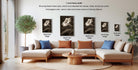 a living room with a large sectional sofa, a coffee table, and various decorative elements such as a potted plant and a vase. The sofa is positioned in front of a wall with framed photographs of flowers, including a champagne color. The image also includes text providing information about the frame sizes and their corresponding images.
