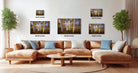 The image is a modern living room with a large sectional sofa, a coffee table, and several potted plants. The wall is decorated with three framed photographs of trees, each with a different size and resolution, ranging from 12x12 inches to 16x24 inches.