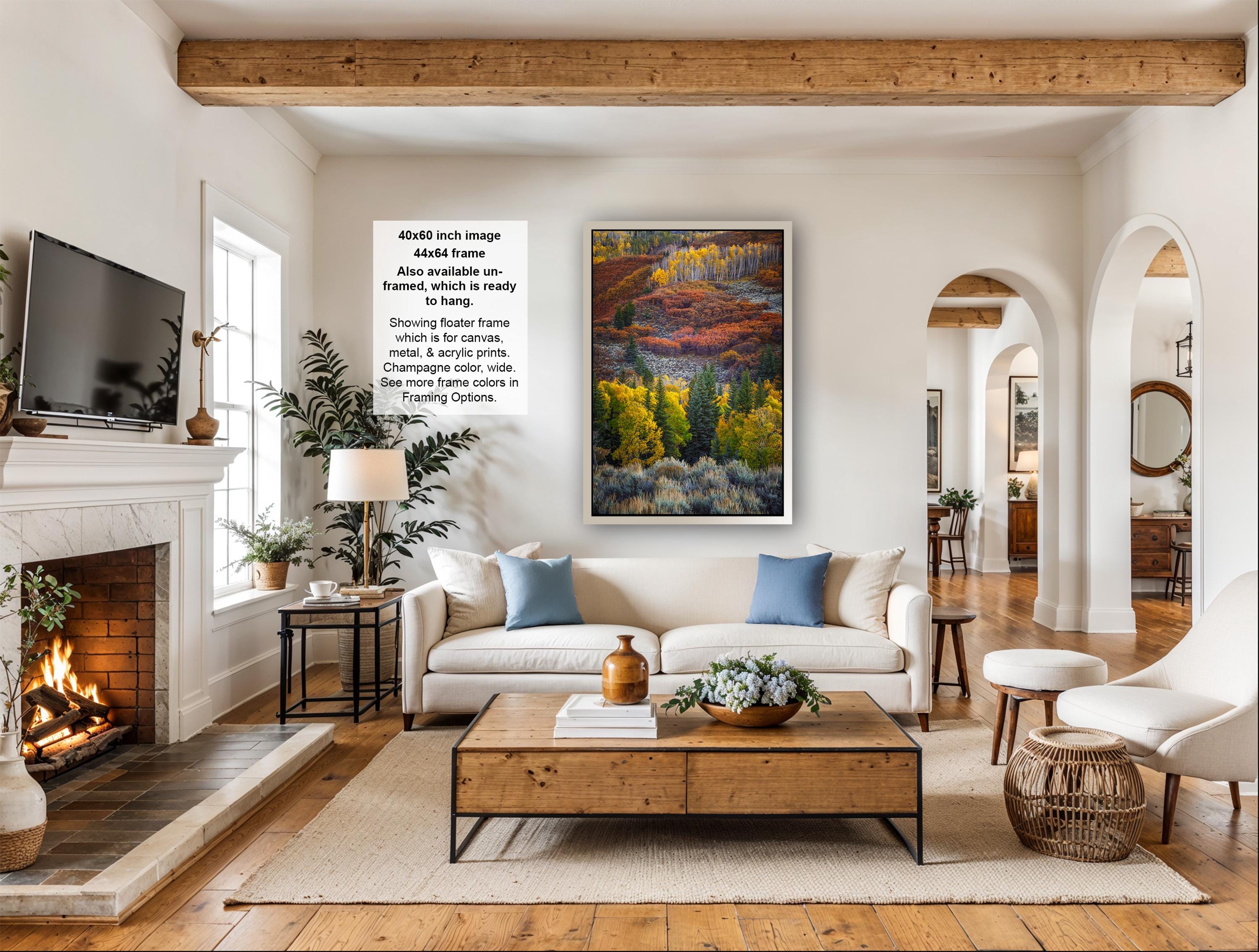a cozy living room with a fireplace, a large window, and a comfortable white sofa. The room is decorated with various plants and has a wooden coffee table in the center. There is a television on the wall, and the room appears to be well-lit and inviting.