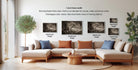 a living room with a large sectional sofa, a coffee table, and a potted plant. There are three framed black and white photographs of trees displayed on the wall, each with a different frame size ranging from 16.24 to 20.30 inches.
