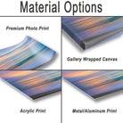 various types of printed materials, including a premium photo print, a gallery wrapped canvas, an acrylic print, and a metal/aluminum print.