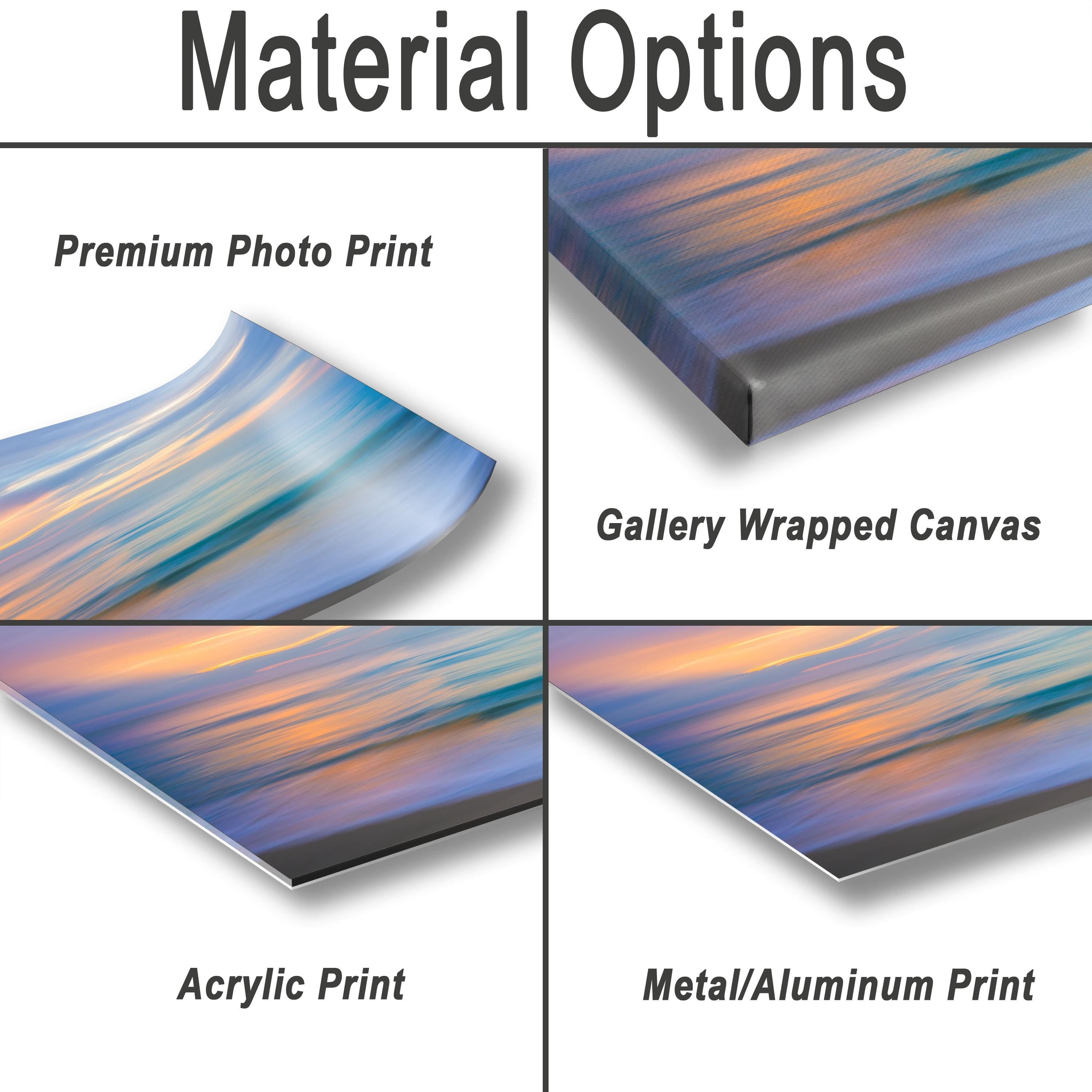various types of printed materials, including a premium photo print, a gallery wrapped canvas, an acrylic print, and a metal/aluminum print.